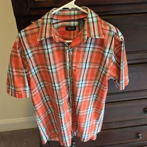 Van Heusen Orange and Teal Plaid Short Sleeve Button-Down Shirt